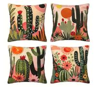 QiHon Juego de 4 Fundas de Cojín de Lino 40x40 cm, Cactus Floral Fundas de Almohada Decorativas Modernas, Funda de Cojín Sofa Cuadrados para Exterior, Jardín, Patio y Salón