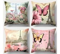 QiHon Juego de 4 Fundas de Cojín de Lino 40x40 cm Paisaje Floral Rosa Fundas de Almohada Cuadradas Decorativas Modernas con Cremallera Invisible para Sofá, Sala de Estar, Dormitorio y Sillas