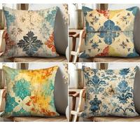 QiHon Juego de 4 Fundas de Cojín de Lino 40x40 cm Patrón Retro Verde Fundas de Almohada Cuadradas Decorativas Modernas con Cremallera Invisible para Sofá, Sala de Estar, Dormitorio y Sillas