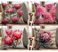 QiHon Juego de 4 Fundas de Cojín de Lino 40x40 cm, Plantas Flores Rojas Fundas de Almohada Decorativas Modernas, Funda de Cojín Sofa Cuadrados para Exterior, Jardín, Patio y Salón