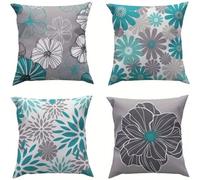 QiHon Juego de 4 Fundas de Cojín de Lino 45x45 cm, Flores Verde Grisáceas Fundas de Almohada Decorativas Modernas, Funda de Cojín Sofa Cuadrados para Exterior, Jardín, Patio y Salón