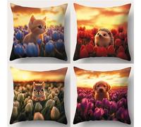 QiHon Juego de 4 Fundas de Cojín de Lino 50x50 cm, Animales Gatos Tulipanes Fundas de Almohada Decorativas Modernas, Funda de Cojín Sofa Cuadrados para Exterior, Jardín, Patio y Salón