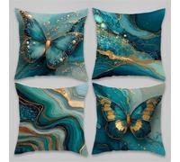QiHon Juego de 4 Fundas de Cojín de Lino 50x50 cm Mármol Mariposa Verde Fundas de Almohada Cuadradas Decorativas Modernas con Cremallera Invisible para Sofá, Sala de Estar, Dormitorio y Sillas