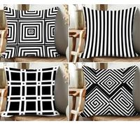 QiHon Juego de 4 Fundas de Cojín de Lino 60x60 cm Tartán Blanco Negro Fundas de Almohada Cuadradas Decorativas Modernas con Cremallera Invisible para Sofá, Sala de Estar, Dormitorio y Sillas