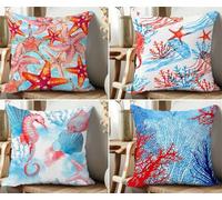 QiHon Juego de 4 Fundas de Cojín de Lino 65x65 cm, Coral Rojo Azul Fundas de Almohada Decorativas Modernas, Funda de Cojín Sofa Cuadrados para Exterior, Jardín, Patio y Salón
