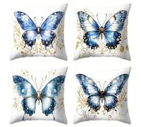 QiHon Juego de 4 Fundas de Cojín de Lino 65x65 cm Mariposa Azul Fundas de Almohada Cuadradas Decorativas Modernas con Cremallera Invisible para Sofá, Sala de Estar, Dormitorio y Sillas