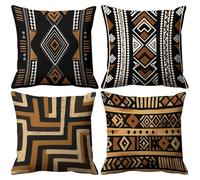 QiHon Juego de 4 Fundas de Cojín de Lino 65x65 cm Negro Marrón Bohemio Fundas de Almohada Cuadradas Decorativas Modernas con Cremallera Invisible para Sofá, Sala de Estar, Dormitorio y Sillas