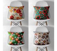 QiHon Juego de 4 Fundas de Cojín de Lino 70x70 cm Flores Rojas Verdes Fundas de Almohada Cuadradas Decorativas Modernas con Cremallera Invisible para Sofá, Sala de Estar, Dormitorio y Sillas