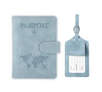 Qiimenguer Funda para pasaporte, funda para pasaporte y etiqueta de equipaje de piel sintética, soporte para pasaporte con solapa RFID para pasaporte, tarjetas de crédito, tarjetas de identificación y