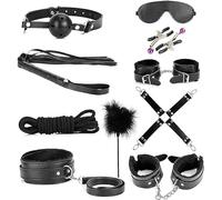 QiKKago Conjunto CláSico De Fitness Al Aire Libre De Cuero Negro De 10 Piezas, Equipado con LáTigos De Entrenamiento Y Vendas para Los Ojos para Dormir, Ejercicio Interior MáS Profesional - D6