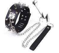 QiKKago Cuero Negro Punteado Cuello De UñAs + Cadena Cuerda De TraccióN Conjunto De CombinacióN, Adecuado para Accesorios De Uso Interior Y Exterior, Regalo De Pareja - K + 30