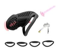 QiKKago Negro Transpirable Jaula De Fitness para El Hombre con 4 Anillos Y Tubo De Silicona Rosa, Jaula De Entrenamiento CóModa para El Hombre (VersióN EstáNdar) - H3