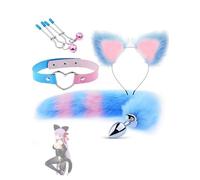 QiKKago Una CombinacióN Multifuncional De 4 Piezas con Estilo RomáNtico Azul, Cola De Pelo De Zorro De Gato Esponjoso Y Accesorios De Vestuario para La Fiesta De Halloween con Orejas - D45