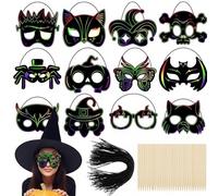 Qilery 120 máscaras de Halloween para rascar, arco iris, Halloween, kit de manualidades para niños, máscaras de papel para gatos, brujas, calabazas, murciélagos, animales, a granel para Halloween,