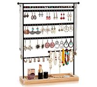 QILICZ Soporte para joyas 80 agujeros soporte para pendientes 7 animales soporte para joyas organizador y soporte para cadena soporte para reloj con almacenamiento de madera 37 x 31 cm color negro