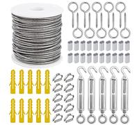 QIMEI-SHOP Cable Acero 2mm 30m con Tensores de Alambre de Acero Inoxidable Manga de Aluminio Tornillo de Ojo Cuerda Suspensión Kit para Exteriores 56 Piezas