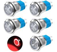 QIMEI-SHOP Interruptor de Botón Pulsador Autoblocante 16mm Pulsadores 12V-24V 3A Interruptores Pulsador Impermeable de Latón Cromado con Anillo de Luz LED Rojo 5 Piezas