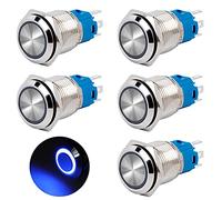 QIMEI-SHOP Interruptor de Botón Pulsador Momentáneo 16mm Pulsadores 12V/24V 3A Impermeable Interruptores Pulsador de Latón Cromado con Anillo de Luz LED Azul 5 Piezas
