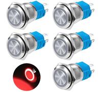 QIMEI-SHOP Interruptor de Botón Pulsador Momentáneo 16mm Pulsadores 12V/24V 3A Impermeable Interruptores Pulsador de Latón Cromado con Anillo de Luz LED Rojo 5 Piezas