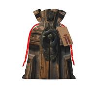 QIN&ZHENG Bolsa de regalo rústica antigua con cordón para mujer con impresión puerta de madera, bolsa de regalo personalizada para Navidad, cumpleaños, 1 pieza