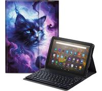 Qindaiwen Funda de teclado para Amazon Fire HD 8/8 Plus (12ª generación/10ª generación, versión 2024/2022/2020), funda de soporte de piel sintética con teclado Bluetooth desmontable, Black Cat 2