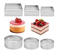 QINERSAW 6pcs Moldes para Mousse, 3 Anillos de Tarta y 3 Moldes de Bizcocho Cuadrados, Molde de Galletas de Acero Inoxidable, Moldes de Pasteles Reutilizables para Tiramisú, Budín(6 cm, 8 cm, 10 cm)
