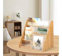 QINGLANG Soporte de exhibición de tarjetas de 4 niveles para folletos de felicitación, multifuncional, bambú y acrílico, feria de manualidades, exposición, estante para libros para postales, folletos