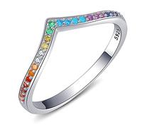 Qings Anillo de Gotitas Plata de Ley 925 con Colorido Circonita Cúbica Regalos de Joyerías para Compromiso Aniversario Promesa Boda Banda en Forma de V