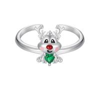 Qings Anillo de Navidad con Reno de Ciervos 925 Plata de Ley Ajustable Abierto Anillo de Alce Animal con Circonita Verde Regalos de Xmas de Joyería para Mujeres Niñas Hija