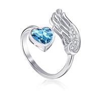 Qings Anillos Piedra de Nacimiento Aguamarina Marzo Mujer Ajustables Plata de Ley 925 Pluma Ala Abierto Azul Corazon Circonita Promesa Compromiso Anillo Birthstone Joyería de Regalo para Madre