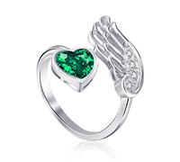 Qings Anillos Piedra de Nacimiento Esmeralda Mayo Mujer Ajustables Plata de Ley 925 Pluma Ala Abierto Verde Corazon Circonita Promesa Compromiso Anillo Birthstone Joyería de Regalo para Madre