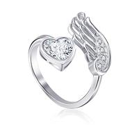 Qings Anillos Piedra de Nacimiento Moissanita Abril Mujer Ajustables Plata de Ley 925 Pluma Ala Abierto Blanco Corazon Circonita Promesa Compromiso Anillo Birthstone Joyería de Regalo para Madre