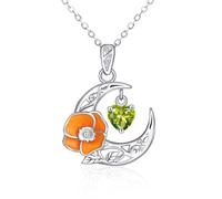 Qings Collar Luna de Plata de Ley 925 Medialuna Amapola Flor Collar Colgante con Agosto Peridoto Piedra de Nacimiento Cumpleaños Joyería Regalos para Mujeres Mamá Esposa