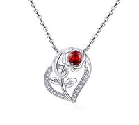 Qings Collar Muje de Corazón Granate Piedras Nacimiento Plata de Ley 925 Collars Enero Rosa Flor Colgante con 5A Circonita Dia de la Madre San Valentin Navidad Joyeria Regalo para Madre Hija Niñas
