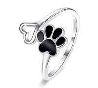 Qings Gato Perro Huella Anillo Ajustables Plata de Ley 925 Anillos Negra Mascota Pata Corazón Anillo Animal Abiertos Navidado Joyería Moda Regalos para Niñas Mujer