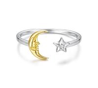 Qings Luna Estrella Anillos para Mujeres Plata de Ley 925 Anillo Luna y Estrella Ajustable Abierto Regalos de Joyería de Cumpleaños