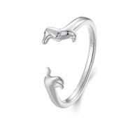 Qings Perro Salchicha Anillo para Mujeres 925 Plata de Ley Lindo Animales Mascota Cachorro Anillo de Dedo Ajustable Abierto Regalos de Cumpleaños para los Amantes de los Animales(Plata)