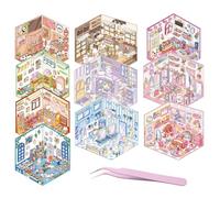 QingWing 10 Piezas Cartoon 3D Sticker Scene, Lindo Fun Diy 3D Casa Pegatinas con 1 Pinzas, House Stickers, Pegatinas para Escenas Reutilizables, para Aliviar el Estrés para Adultos Niños