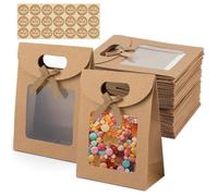 QingWing 20 Piezas Bolsas de Regalo Marrón Papel Kraft con Ventana, 2 x 6 x 16 cm Embalaje Papel Kraft Bolsa de Regalo con Asa y Pegatina para Envasado de Dulces, Snacks Acción de Gracias y Navidad