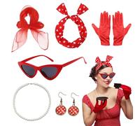 QingWing 6 piezas Genérico Accesorios Para Disfraz De Los Años 50 con Bufanda Gasa, Guantes, Gafas de sol, Pañuelo de Lunares, Pendientes, Collar, Retro 1950s Costume Accessories, para Disfraz Fiesta