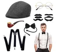 QingWing Disfraz de los años 20 para hombre, disfraz de mafia para hombre con Barba postiza, boina, gafas, corbata, tirantes ajustables y otros, trajes de carnaval para gángster
