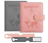QINGZY 2 Piezas Funda Pasaporte, Porta Pasaporte de Cuero de PU con Bloqueo RFID, Organizador de Documentos de Viaje, Incluye Etiquetas de Equipaje, para Tarjetas de Crédito y Tarjetas de Embarque
