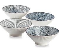 QINLANG Juego de 4 cuencos japoneses para ramen de 38 onzas, para cereales, sopa, fideos, azul y blanco, 8 pulgadas