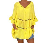 QinMMROPA Blusa Hueca de algodón y Lino para Mujer Camiseta Botones con Cuello en V y Tallas Grandes Camisa Suelta Casual Amarillo XXXL