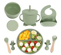 QINONEY Vajilla para Bebés de Silicona, 8 Piezas Vajilla de Silicona Plato Bebe Ventosa, Para Niños Aprender, Tazón de Platos, Cuchara de Babero, Tenedor, Taza de agua potable (Verde Claro)