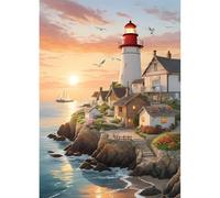 QINRUBB 5D DIY Lighthouse Diamond Painting Kits, Full Drill Seaside Diamond Art Painting Kits for Adults Beginners, DIY 5D Sunset Painting by Numbers Diamond Art Kits for Home Fashion Decor 30x40cm