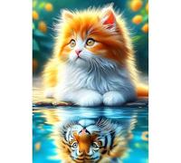 QINRUBB DIY Cat and Tiger Diamond Art Kit for Adults Beginners, Full Drill Reflection Diamond Painting Kits, 5D Fantasy Kitten Painting by Numbers DIY Craft Kits for Home Wall Decor 12x16 inch