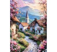 QINRUBB DIY Village Church Diamond Painting Kits, Full Drill Flowers Diamond Art Kit for Adults Beginners, 5D Path Painting by Numbers Cross Stitch DIY Craft Kits for Home Wall Decor 12x16 inch