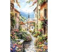 QINRUBB DIY Vintage Street Diamond Painting Kits, Full Drill Wildflowers Diamond Art Kit for Adults Beginners, 5D House Painting by Numbers Cross Stitch DIY Craft Kits for Home Wall Decor 12x16 inch