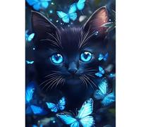 QINRUBB Imágenes de pintura de diamantes de gato negro DIY para principiantes, 5D mariposa azul pintura de diamantes para adultos, taladro completo redondo fantasía kits de arte de diamantes punto de